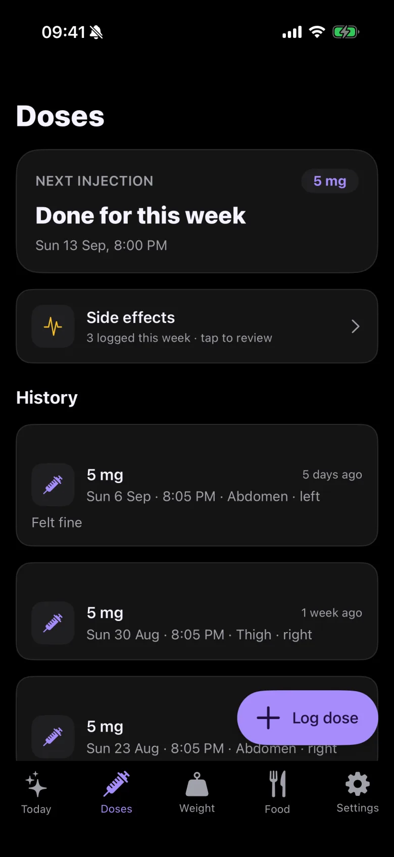 JabKeeper dose history with the next injection and site rotation (dark mode)