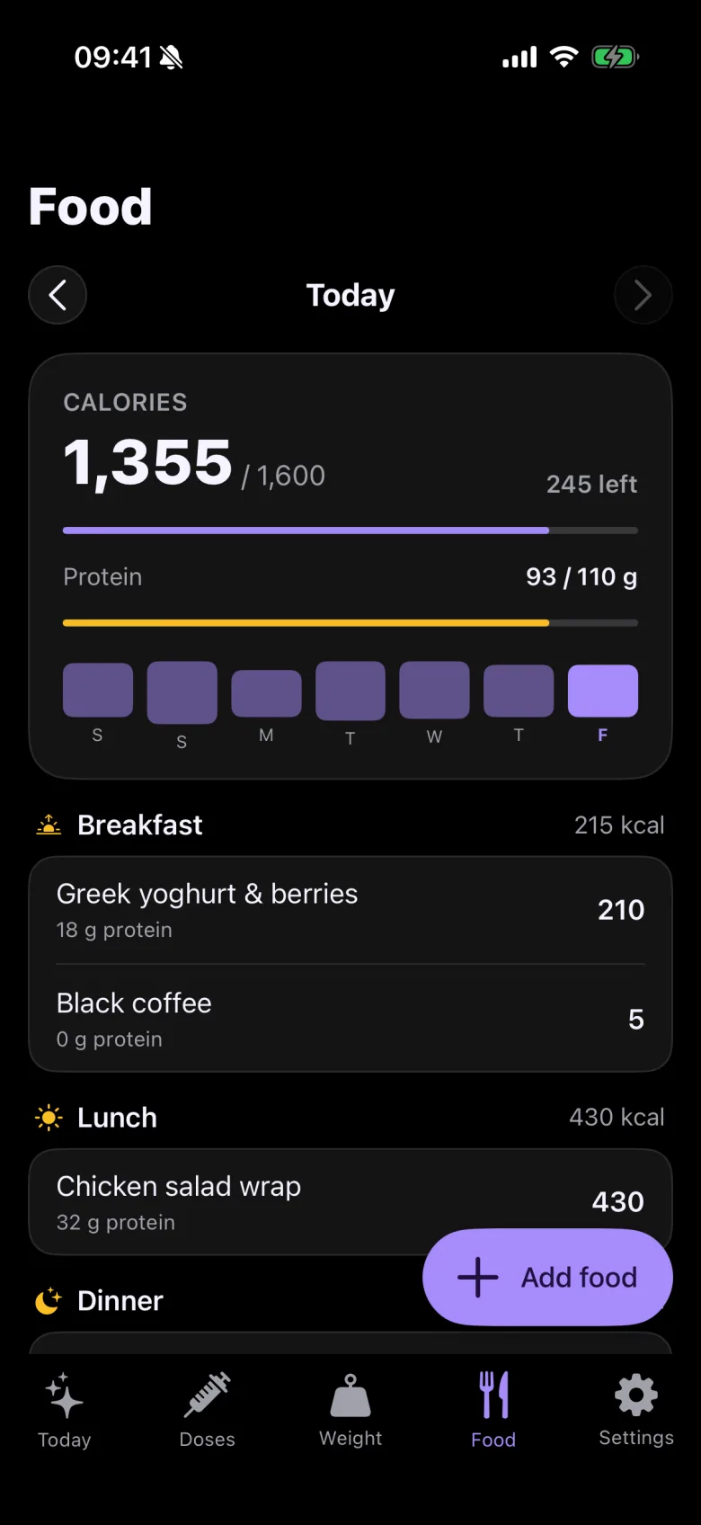 JabKeeper food screen with calories and protein for the day (dark mode)