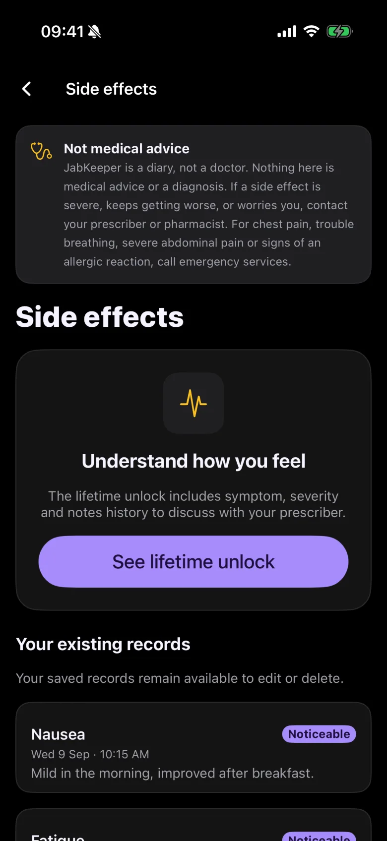 JabKeeper side-effect diary with symptom and severity entries (dark mode)