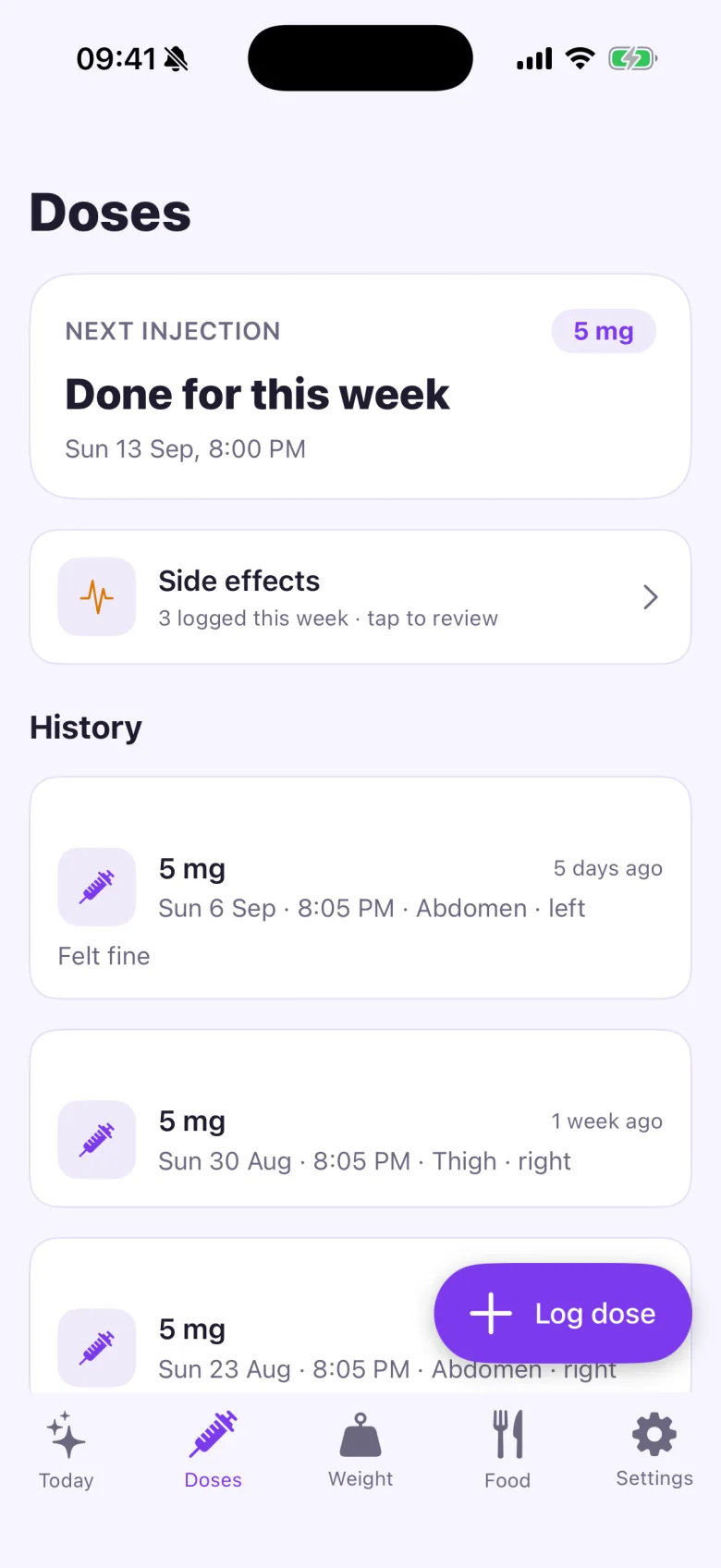 JabKeeper dose history with the next injection and site rotation (light mode)