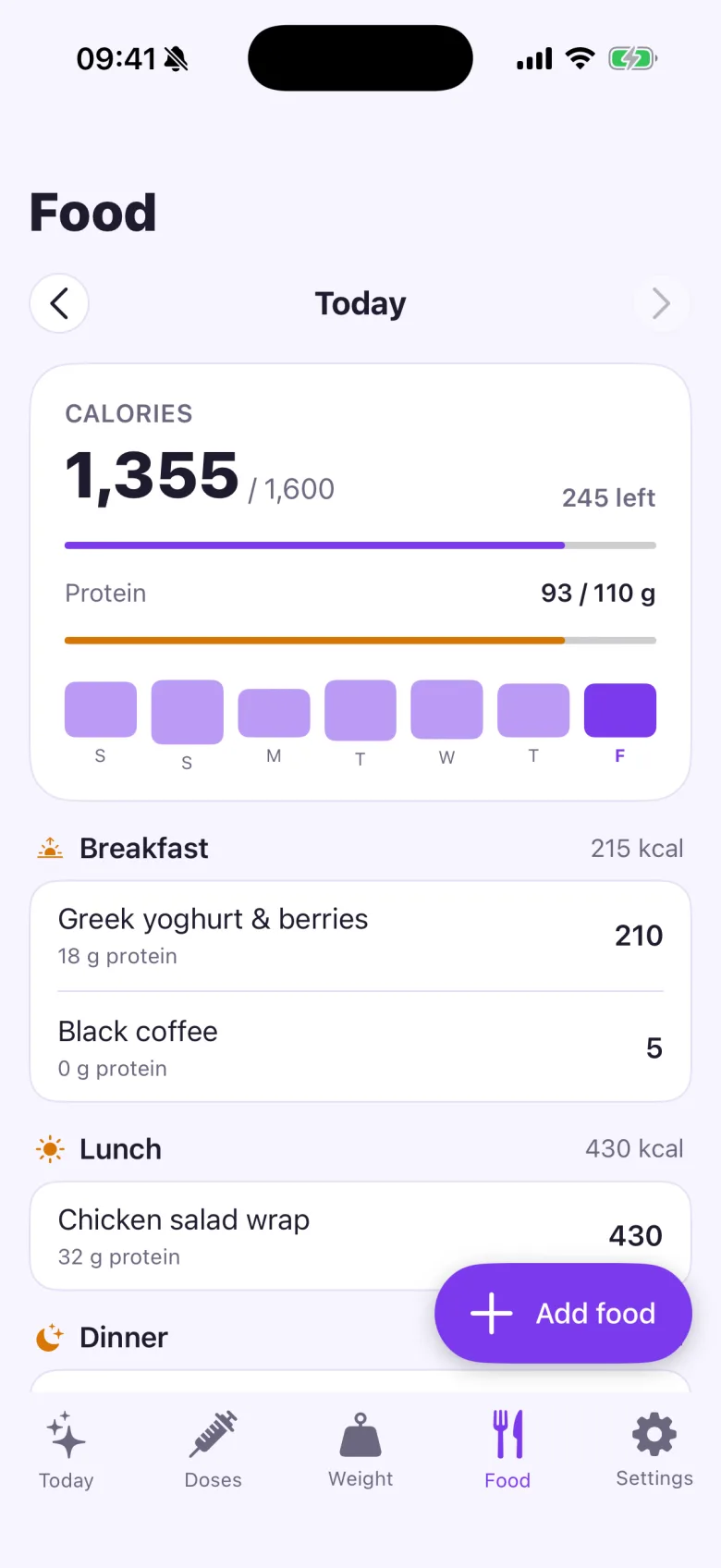JabKeeper food screen with calories and protein for the day (light mode)