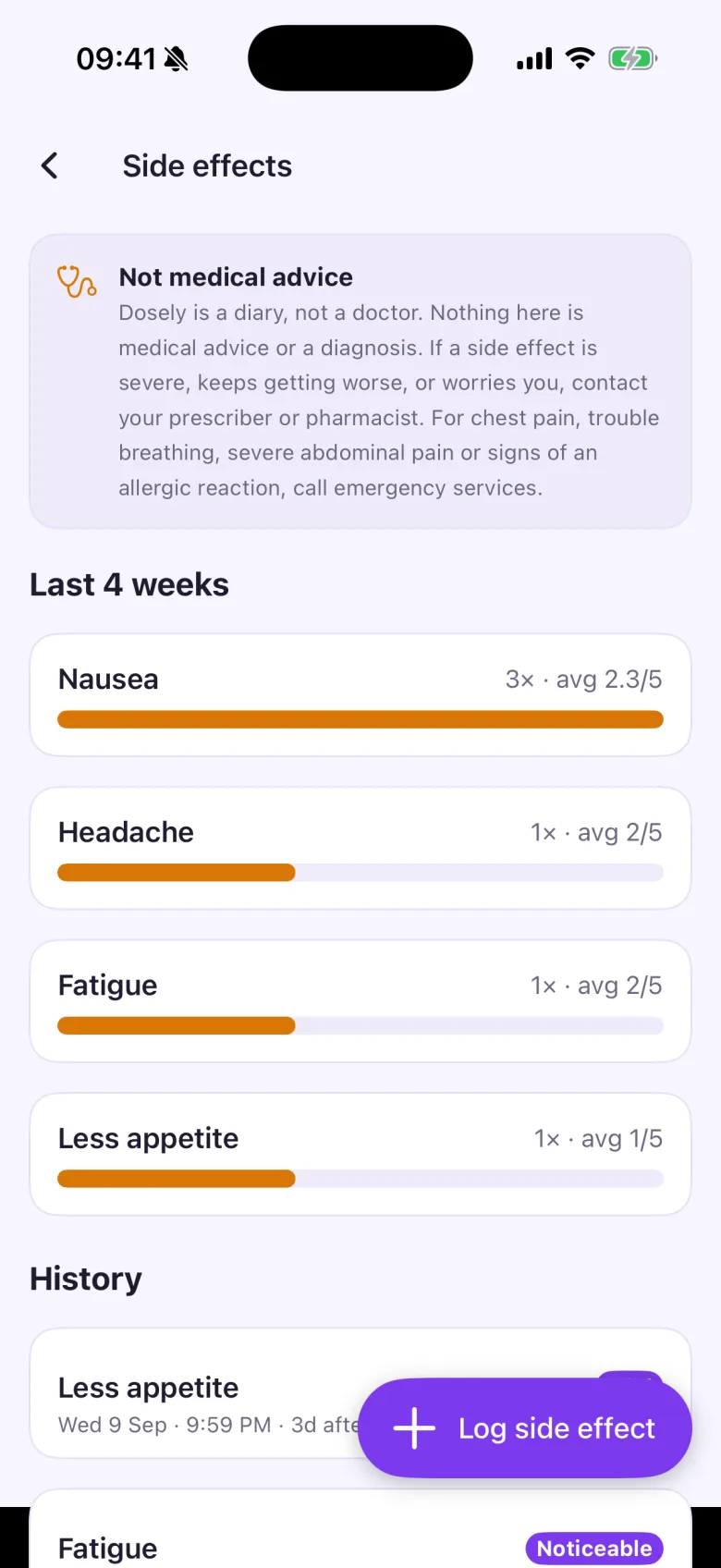 JabKeeper side-effect diary with symptom and severity entries (light mode)